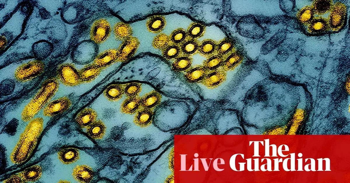 Cząsteczki wirusa H5N1 pod mikroskopem elektronowym oraz politycy dyskutujący o kwestiach międzynarodowych.