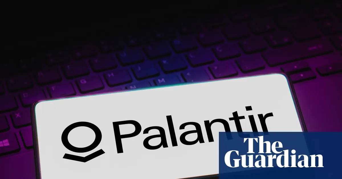 Logo firmy Palantir na tle szwajcarskiej flagi, symbolizujące konflikt prawny w sądzie.