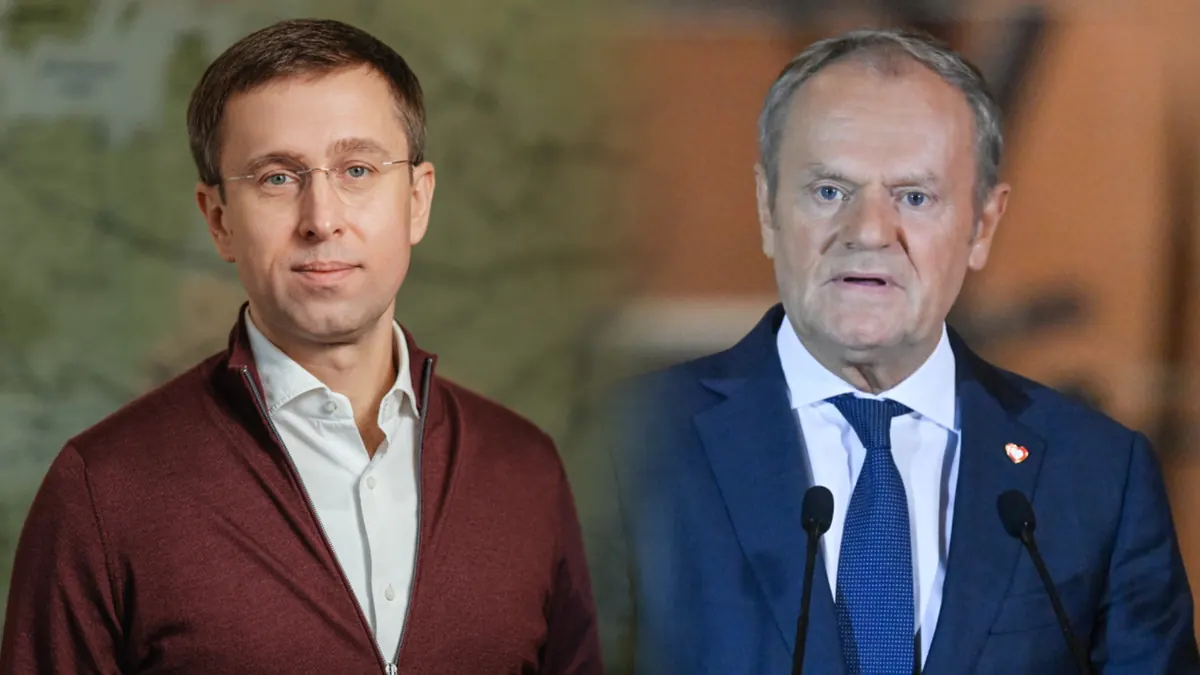 Premier Donald Tusk i ukraiński premier Serhij Korecki podczas rozmowy telefonicznej, flagi Polski i Ukrainy