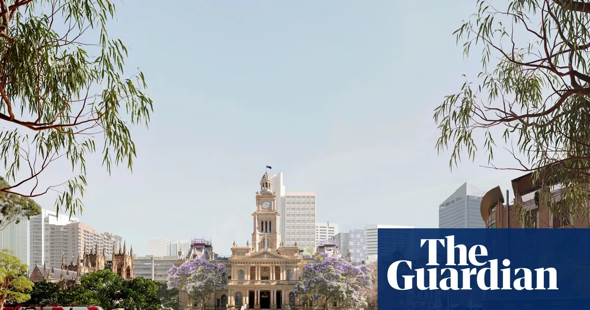 Wizualizacja planowanego Sydney Town Square z fontanną i drzewami przed ratuszem