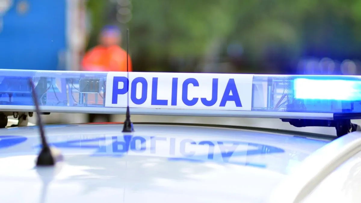 Funkcjonariusze policji pracujący na miejscu potrącenia pieszego na przejściu w Piastowie, samochód policyjny z włączonymi światłami